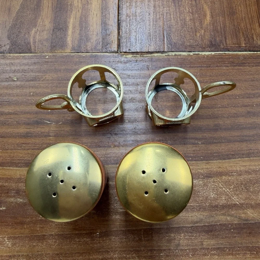 Vintage MCM St Louis Zoo Salt and Pepper Shakers Japan Wood Gold Holder Kitsch